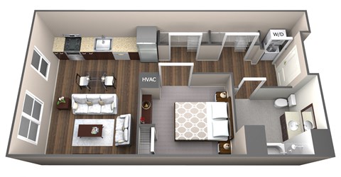 Floor plan for 1 bed, 1 bath, 641 sqft